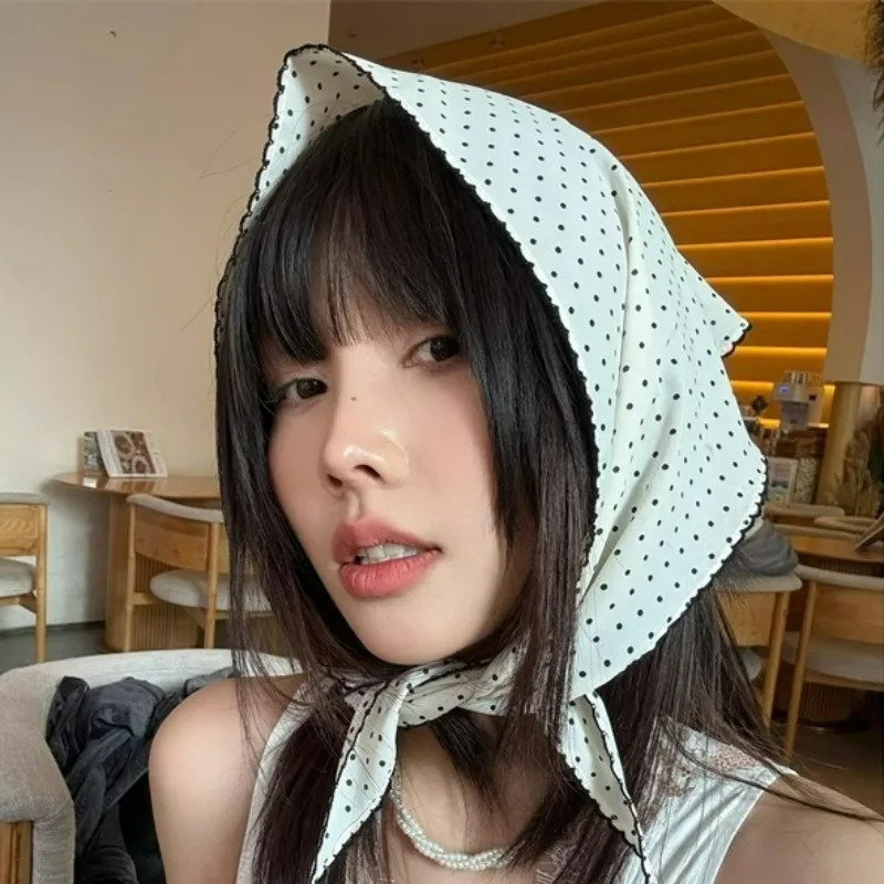 French Polka Dots Triangle Hair Scarf White Silk Summer Korean Hair Band Sweet Scarf Kerchief Women Girl Headscarf Headdress 260107