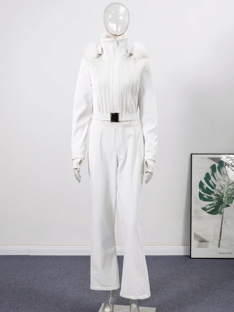 Womens Chic White Hooded Ski Jumpsuit with Waist Belt Warm Snowproof OnePiece Snow Wear Winter Sports Fashion Lady Snowsuit 260109