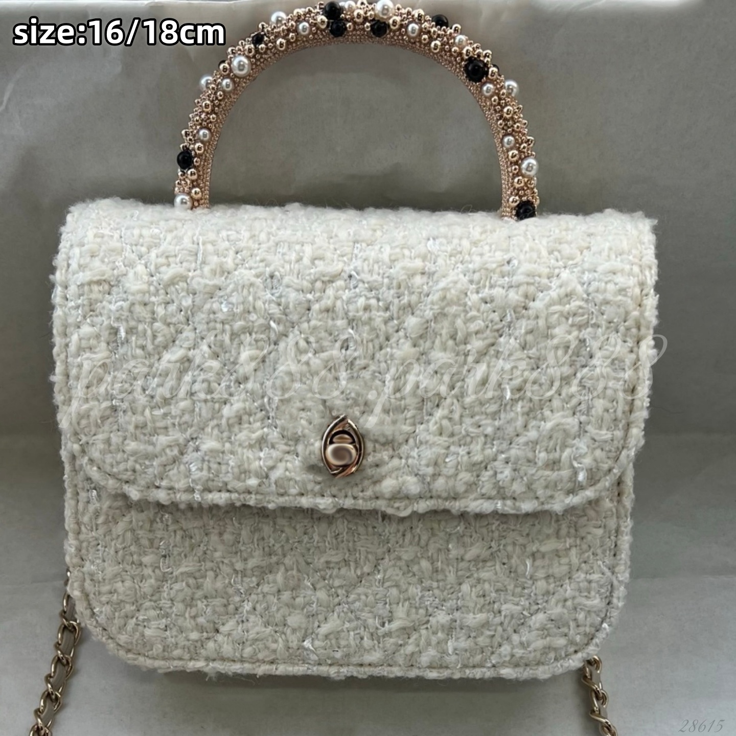 (Order by pic in opt, not by desc) Quilted Mini Crossbody Bag with Pearl & Beaded Handle - Decorative Clasp Chain Shoulder Purse for Daily & Occasion Use