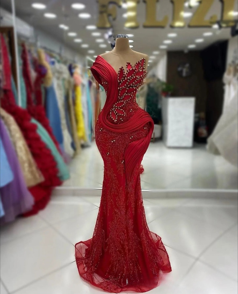 Dark Red Mermaid Prom Dresses for Black Girls Sheer Neck Crystals Beads Lace Evening Hand Made Flowers Birthday Dress Second Reception Gowns J10