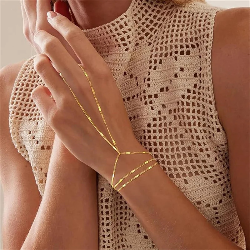 Gold Color Thin Link Chain Bracelet Connected Finger Ring Bangle Bracelets for Women Minimalist Metal Hand Chain Party Jewelry 260109