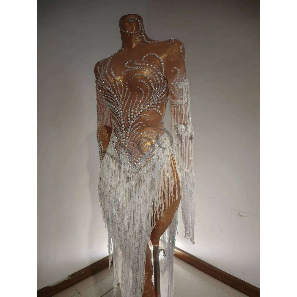 Sparkly Rhinestones Sequins Fringes Birthday Celebrate Evening Dress Women Sexy Mesh Transparent Dance Costume Photo Shoot Wear