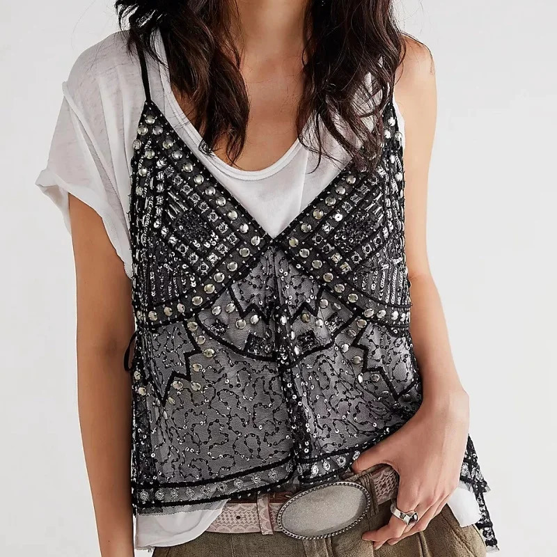 Women Y2K Rivet Sequin Mesh Tank Top V Neck Beaded Halter Cami Crop Top Sheer Sleeveless Backless Glitter Sparkly Camisole 260109
