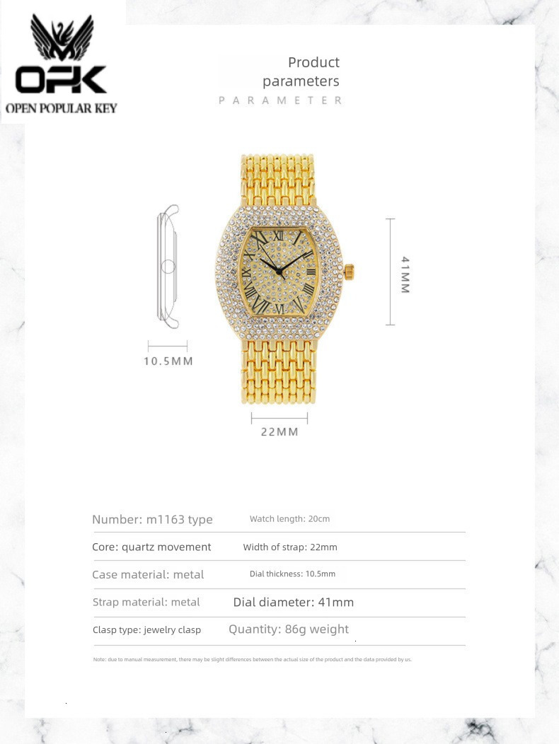 2026 new model Classic barrel shaped dial with sparkling rhinestone decoration luxury dinner watch metal color temperament Roman numeral scale retro d