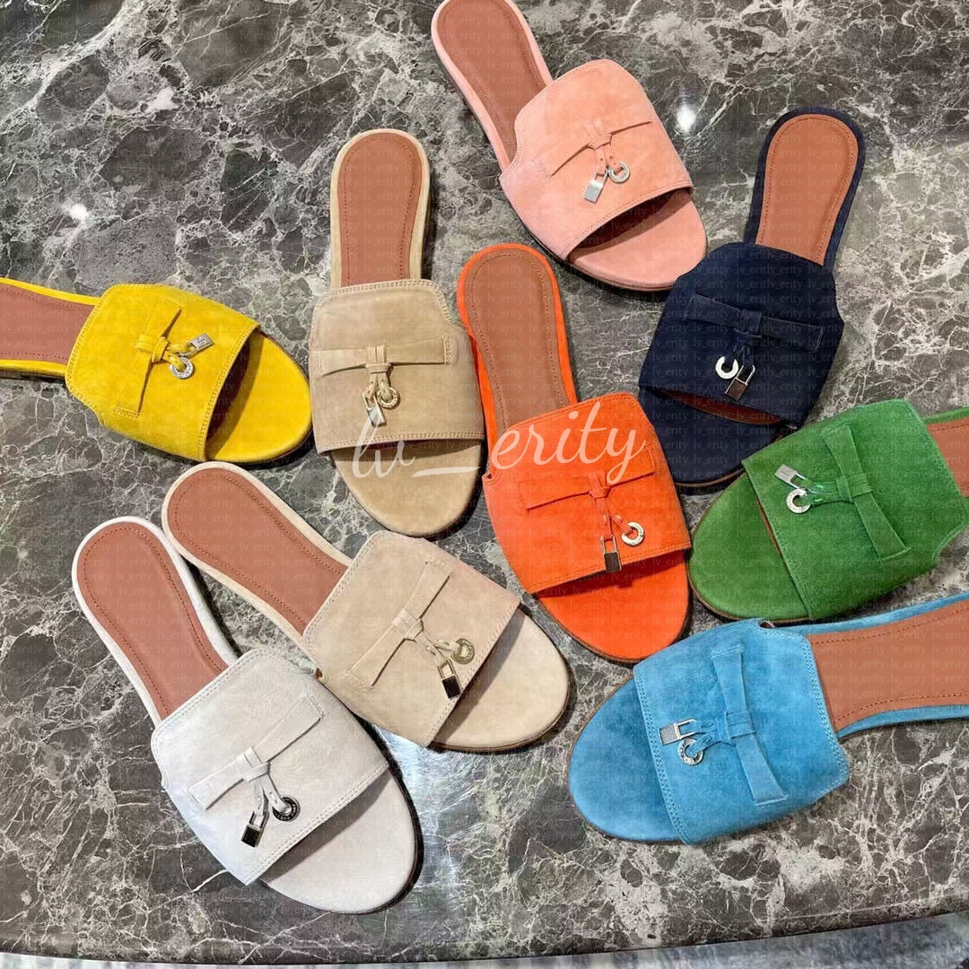 Summer Daily Wear Summer Charms Sandals Shoes Suede Slides Chunky Heels Lightweight Outdoor Beach Walking Slippers Luxury Lady Footwear EU35-42