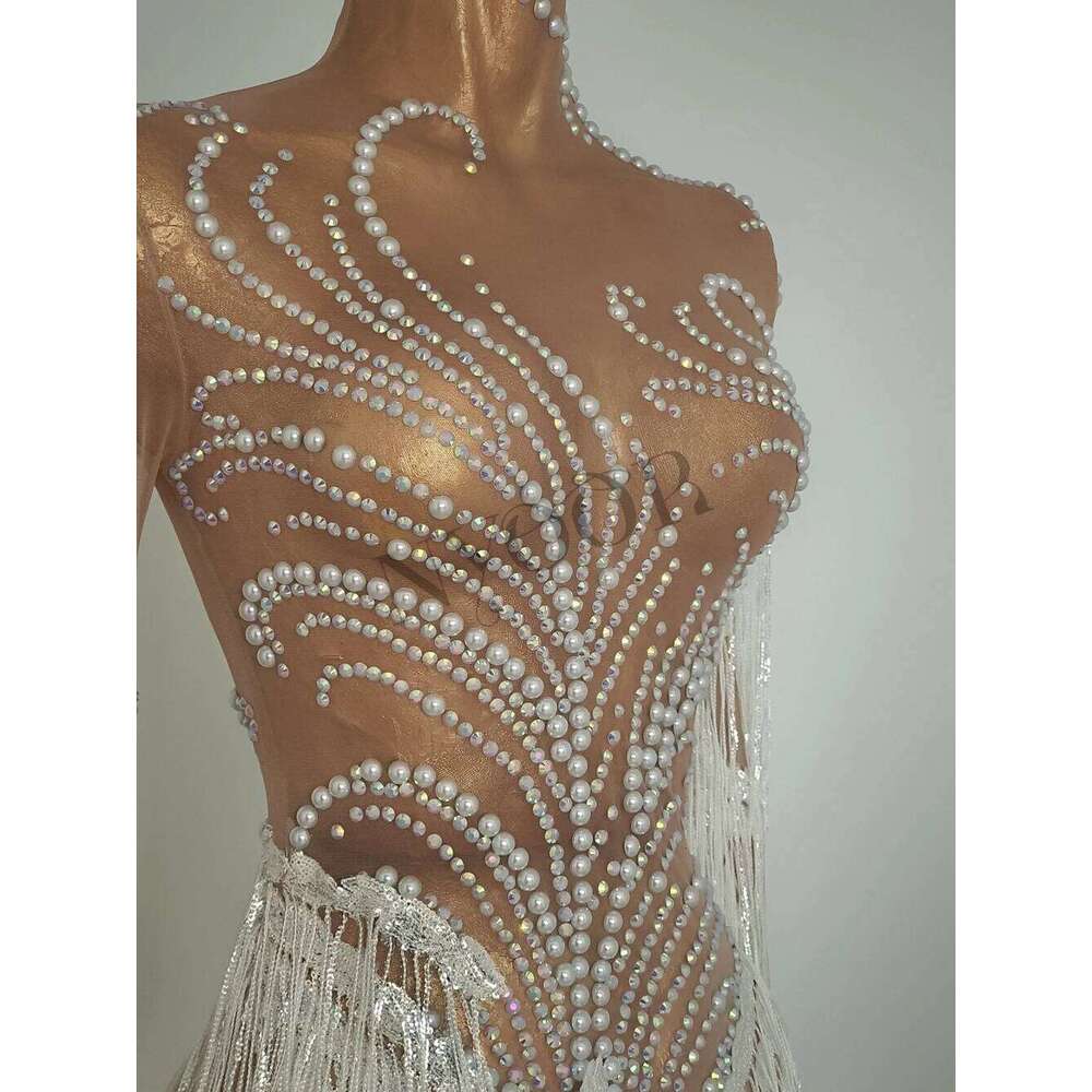 Sparkly Rhinestones Sequins Fringes Birthday Celebrate Evening Dress Women Sexy Mesh Transparent Dance Costume Photo Shoot Wear