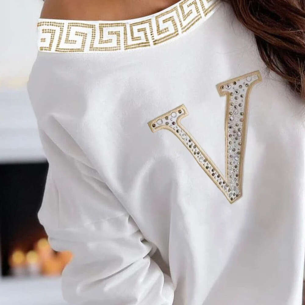Casual Top Rhinestone Designer Fashion Letter V Pattern Batwing Sleeves Loose Women Blouse Tops - view 5