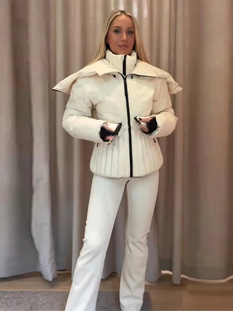 Womens Chic White Hooded Ski Jumpsuit with Waist Belt Warm Snowproof OnePiece Snow Wear Winter Sports Fashion Lady Snowsuit 260109