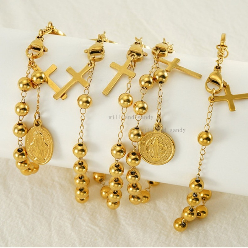 Catholic Rosary 18k Gold Religious Virgin Mary Religious Cross Charm Bracelet Non Tarnish Stainless Steel Bead Chain Bracelets Woman Fashion Jesus Fin