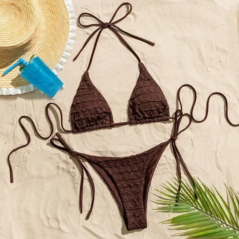 Womens Solid Brown Micro Bikini Set String Halter Triangle Thong Sexy Wrinkled Swimsuit Bathing Suit Mujer Biquine Brasileiro 260109 - view 3