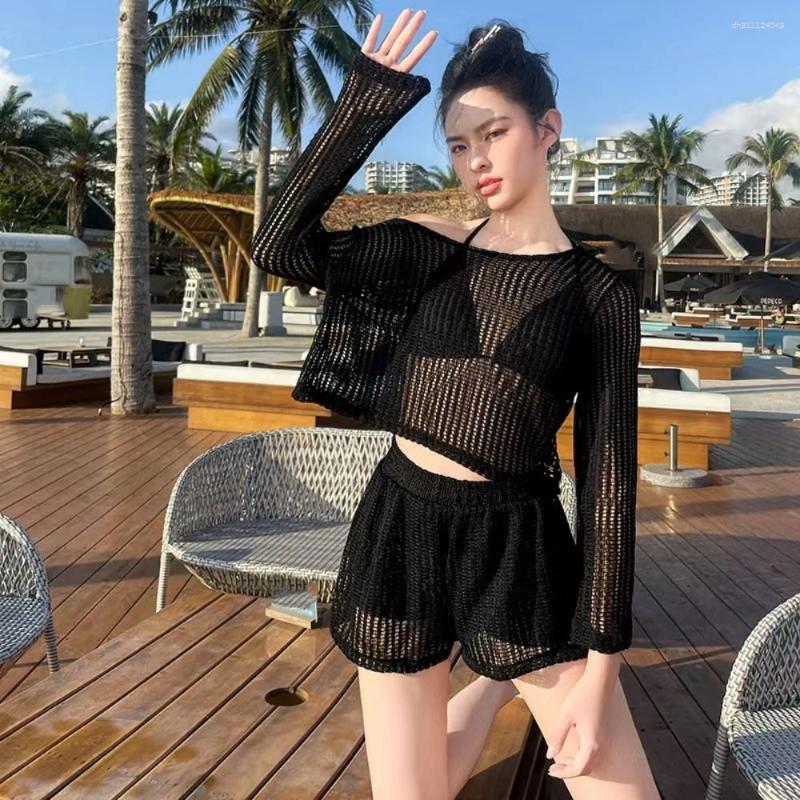 Women's Swimwear Loose Long Sleeve Swimsuit Hollow Out Pullover Crochet Knit Bathing Suit Beachwear Clothings Sun Protection