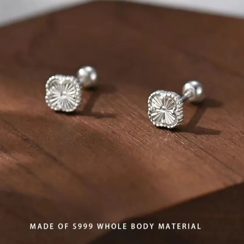 S999 Sterling Silver Four-leaf Clover Ear Studs Korean Sweet Jewelry Threaded Ear Caps Exquisite Ladies Jewelry Gift 260104