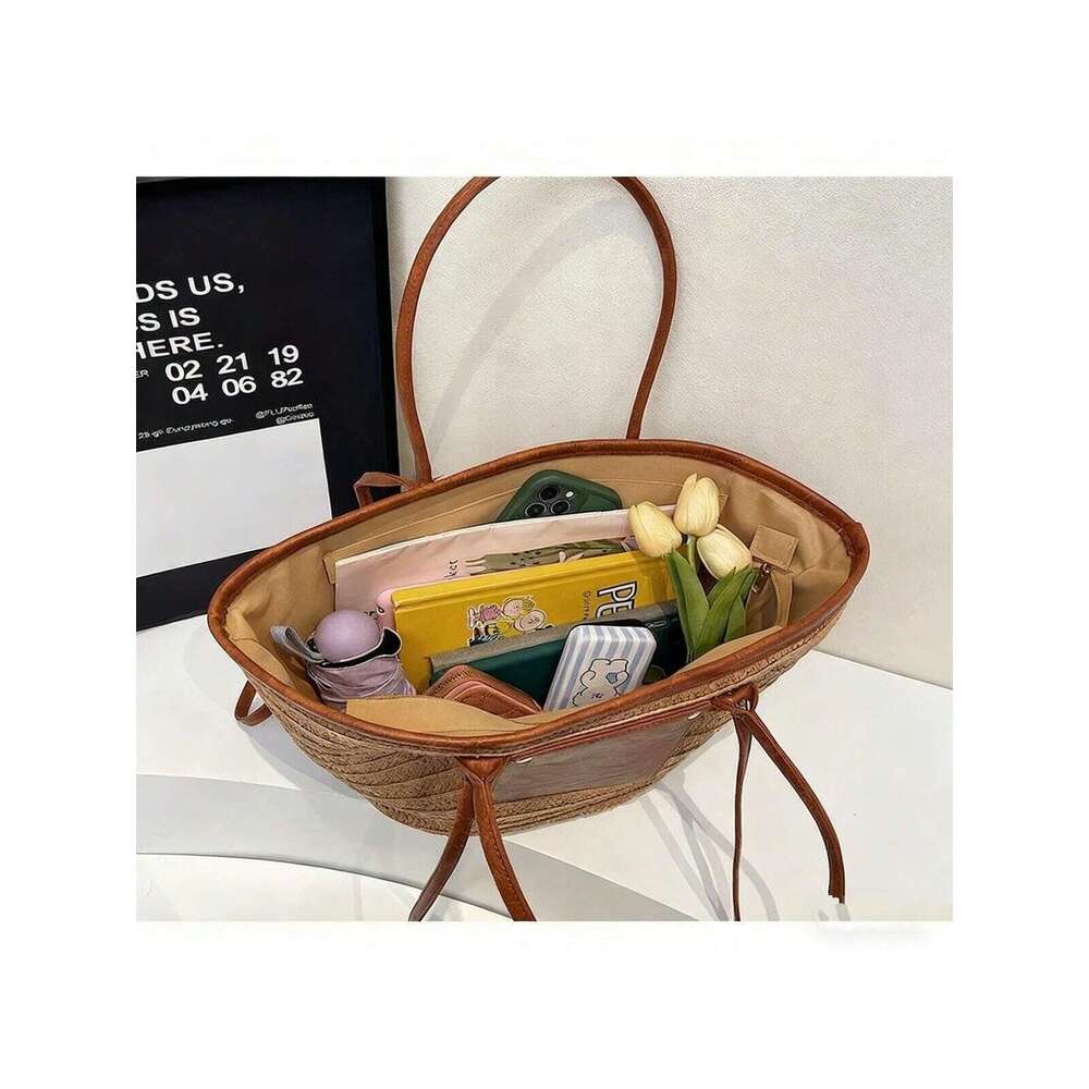 Women's Natural Tote Bag With Details - Adult Women, -Friendly Straw + Brown Leather = Boho-Chic Style; Spacious Interior Fits Beach Essentials; 