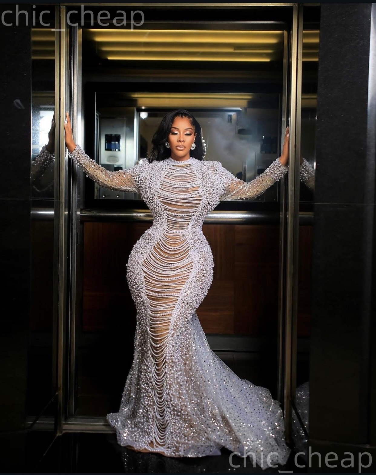 Aso Ebi Ivory Mermaid Prom Dresses 2026 Pearls Crystals Illusion Sequined Evening Formal Party Second Birthday Engagement Gowns Dress For Special Occa