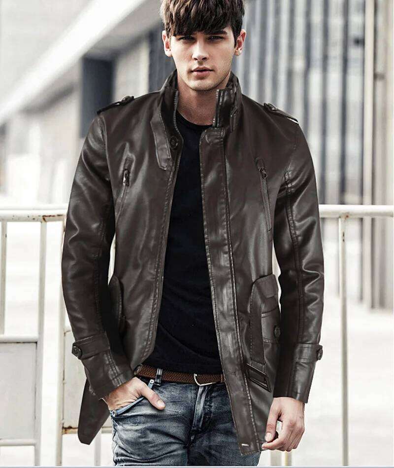 Autumn Winter New Men's Medium And Long Stand-up Collar Piled Thickened PU Leather Jacket W260110