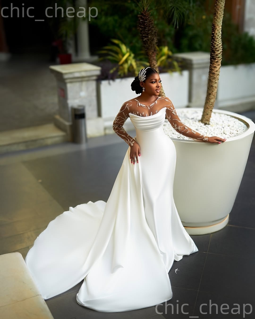 African Aso Ebi 2026 Ivory Mermaid Wedding Dress Simple Lace Sheer Neck Detachable Train Satin Elegant Bridal Gowns Dresses ZJ2276
