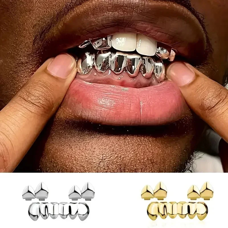 3CPS/Set KGold Silver-Plated Hip Hop Teeth For Mouth Caps TopBottom Grill Set teeth for Halloween Party Sets 260109