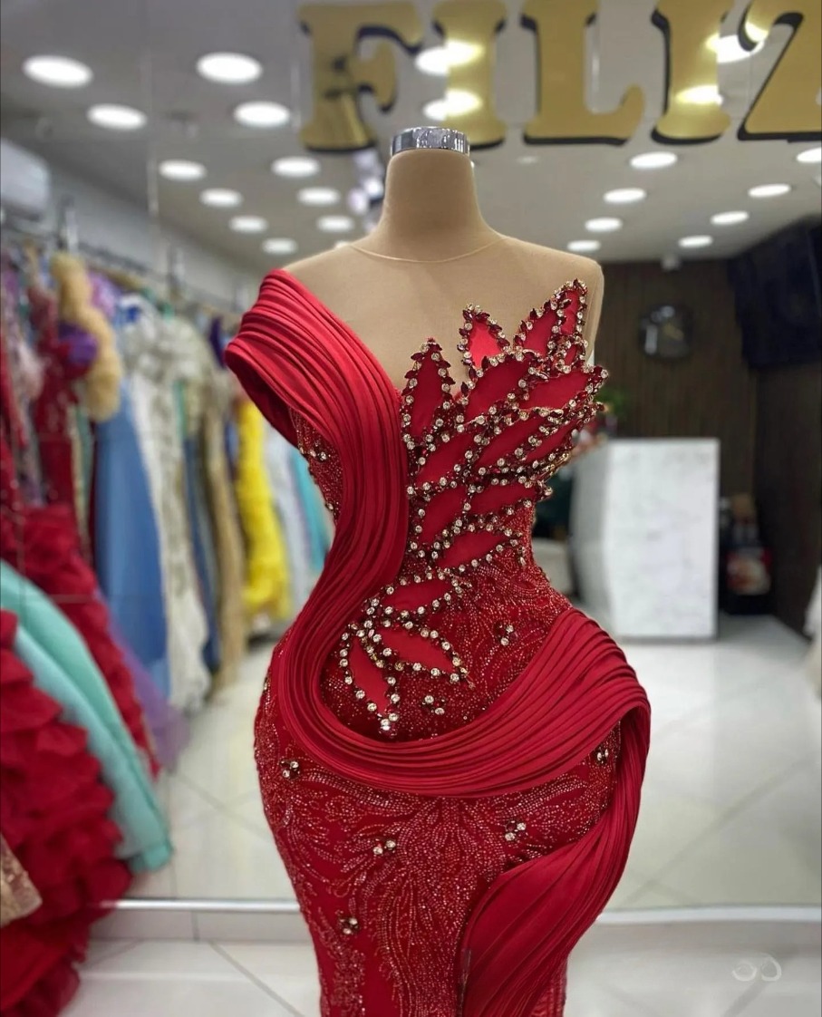 Dark Red Mermaid Prom Dresses for Black Girls Sheer Neck Crystals Beads Lace Evening Hand Made Flowers Birthday Dress Second Reception Gowns J10