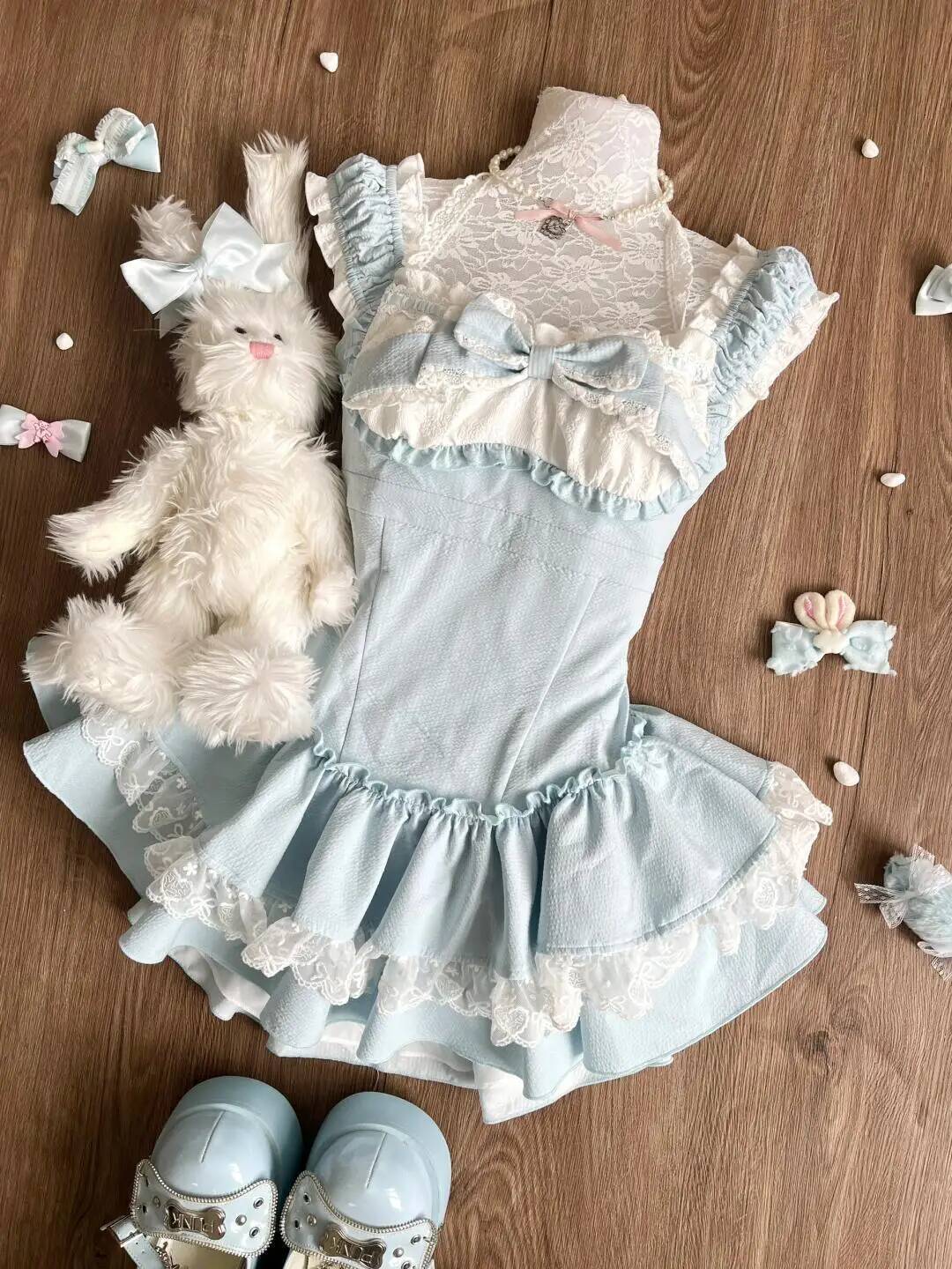 Bestseller Sweet Blue Lolita Women Lace Ruffle Bowknot Sleeveless Kawaii Princess Style Mini Dress Cute Cottagecore Summer Outfit New ddmytues