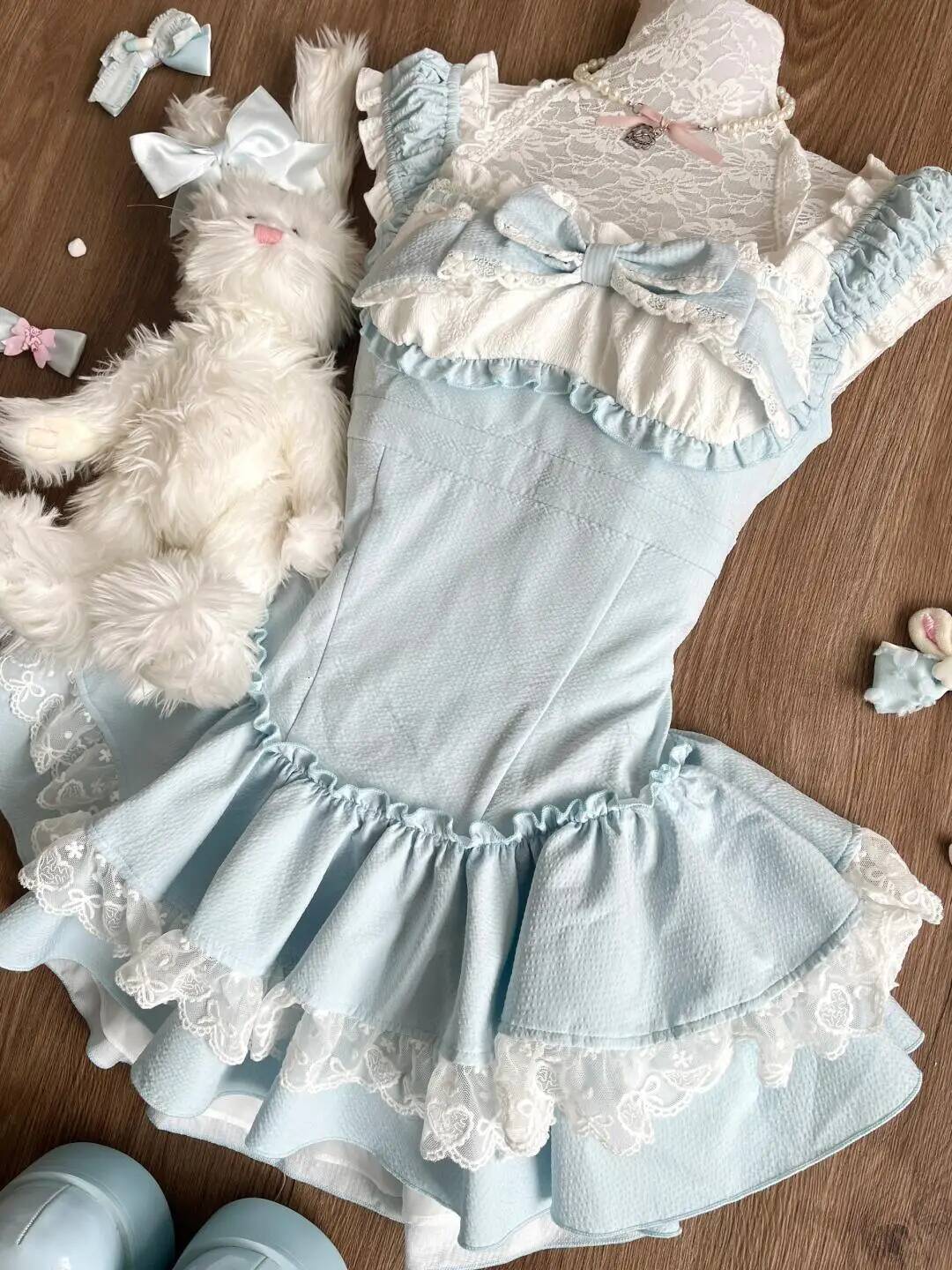Bestseller Sweet Blue Lolita Women Lace Ruffle Bowknot Sleeveless Kawaii Princess Style Mini Dress Cute Cottagecore Summer Outfit New ddmytues