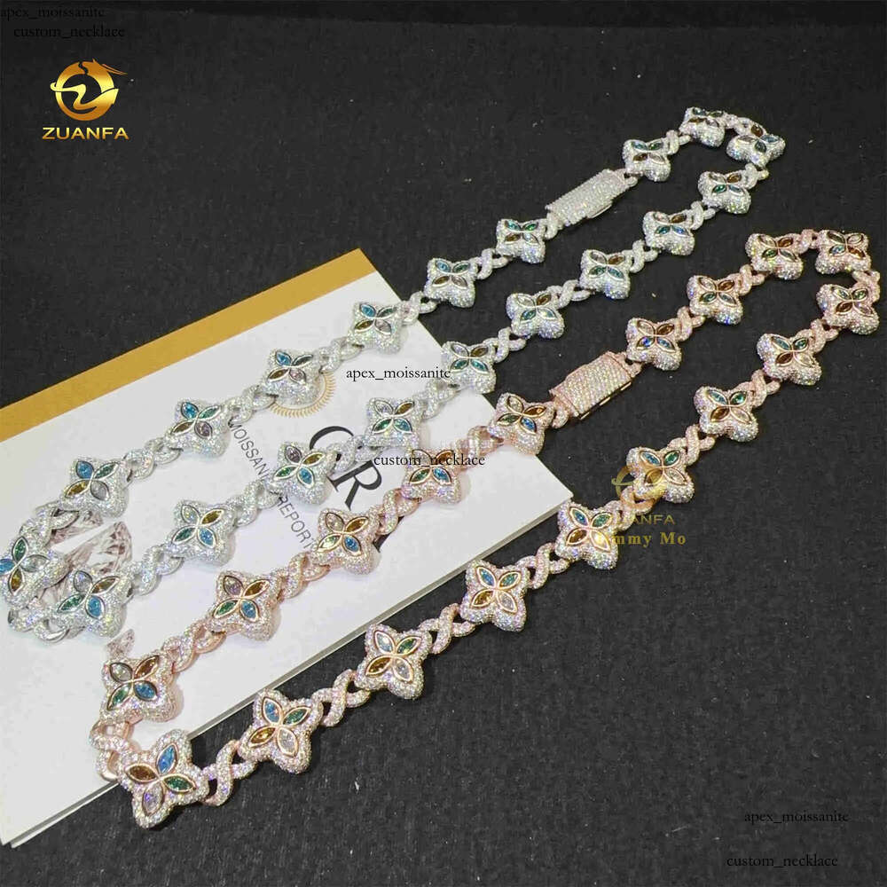New Luxury Man Rapper Style Jewelry Iced Out Hip Hop VVS1 Fancy Moissanite Diamond Four Flowers Infinity Miami Cuban Link 69