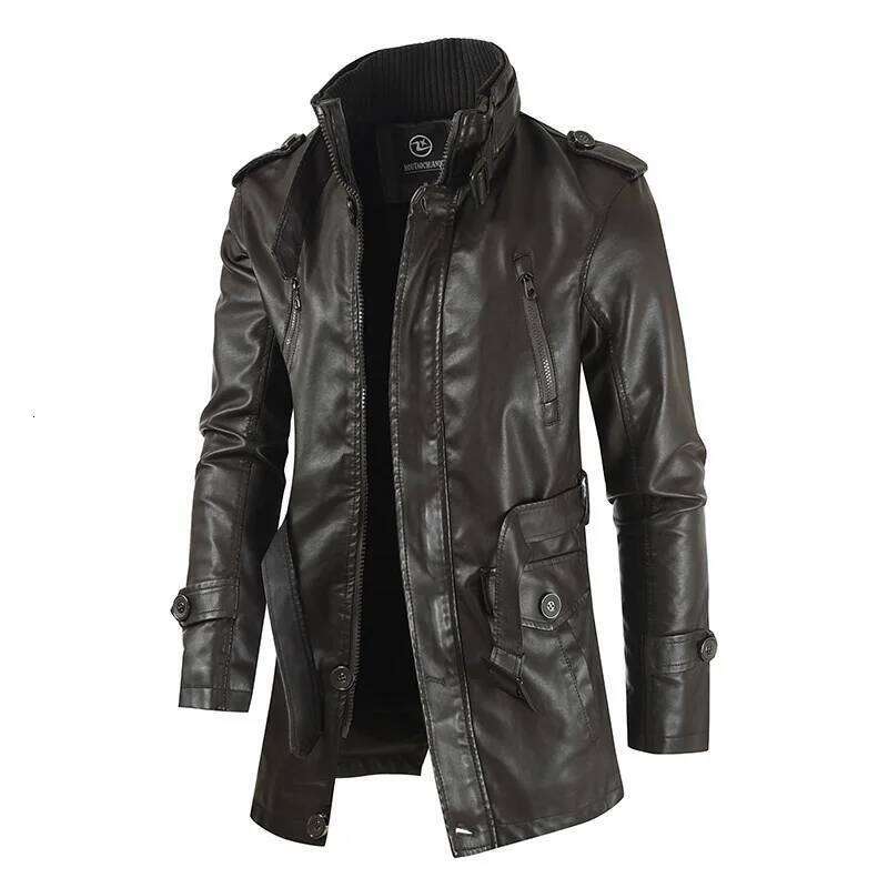 Autumn Winter New Men's Medium And Long Stand-up Collar Piled Thickened PU Leather Jacket W260110
