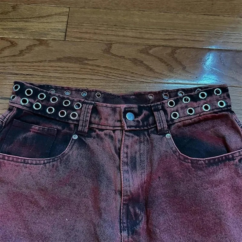 Y2K Baggy Jeans washed Red Vintage Letter Print Rivet Waist Belt n High Waist Wide Leg Jeans Goth Sense Trousers streetwear 260109