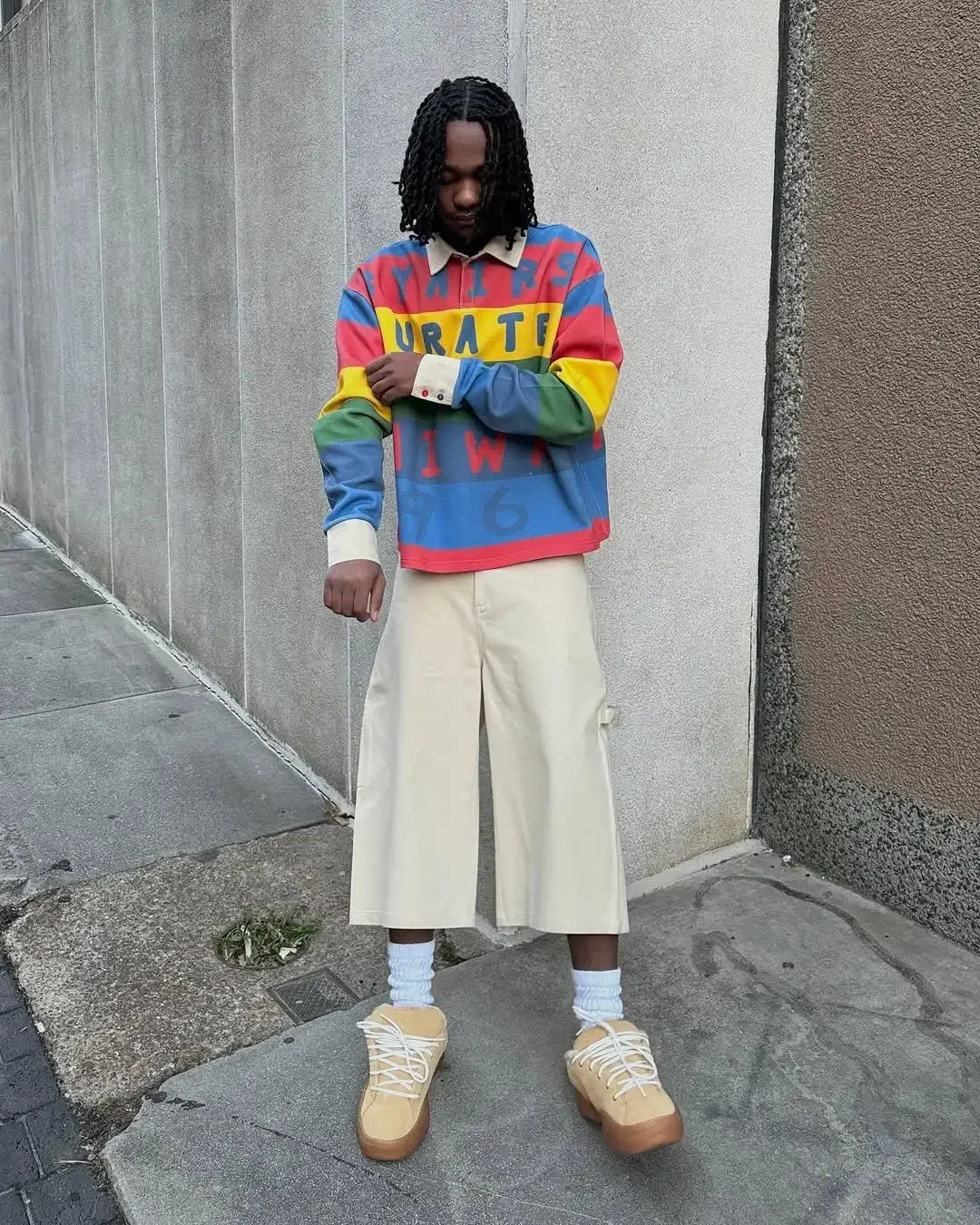 Retro Streetwear Letters Rainbow Elements Polo Shirt Women Mens Loose Sports Hip-hop Sweatshirt Y2K High Street Fashion Top 260109