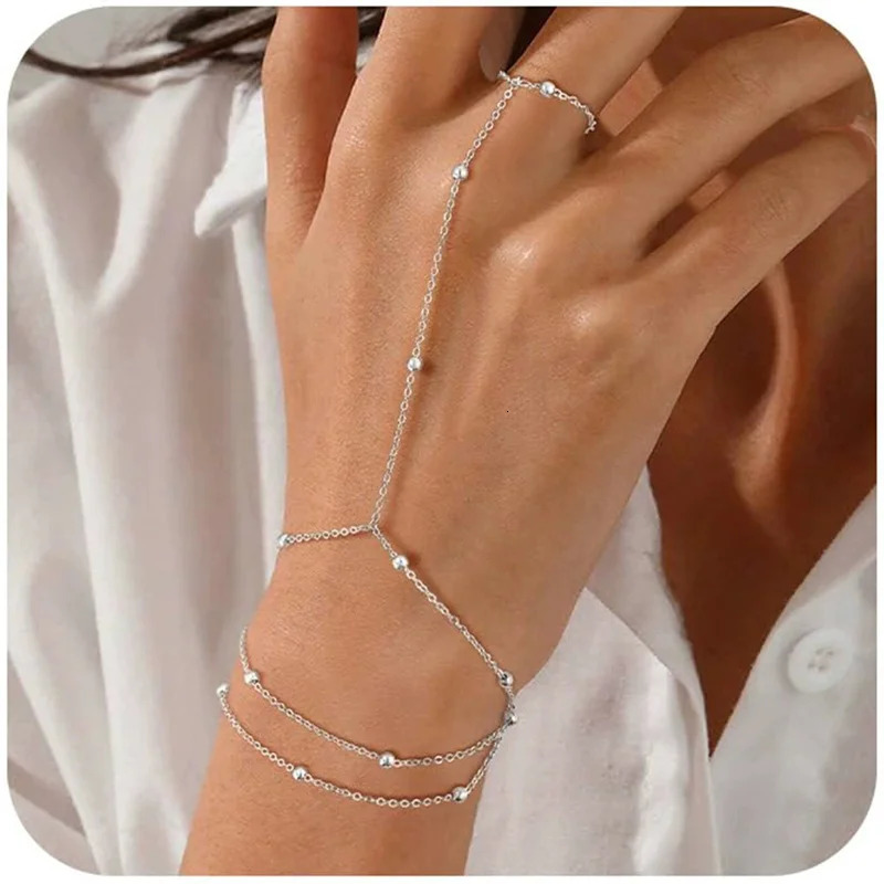 Gold Color Thin Link Chain Bracelet Connected Finger Ring Bangle Bracelets for Women Minimalist Metal Hand Chain Party Jewelry 260109