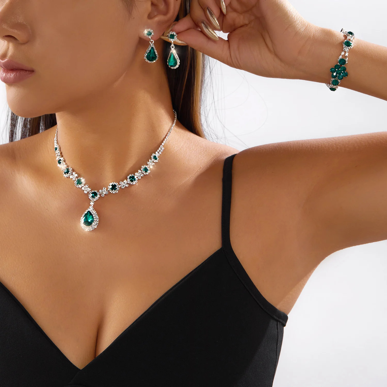 Light Green Crystal Water Drop Jewelry Set For Women Full Rhinestone Zircon Necklaces Bracelet Ring Earrings Wedding Gift 260109 Z260313