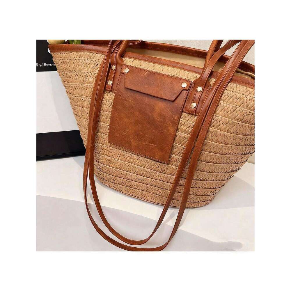 Women's Natural Tote Bag With Details - Adult Women, -Friendly Straw + Brown Leather = Boho-Chic Style; Spacious Interior Fits Beach Essentials; 