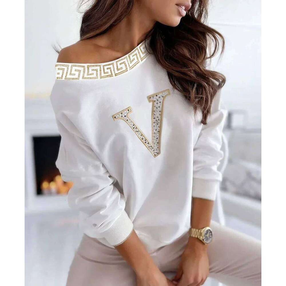 Casual Top Rhinestone Designer Fashion Letter V Pattern Batwing Sleeves Loose Women Blouse Tops - view 3