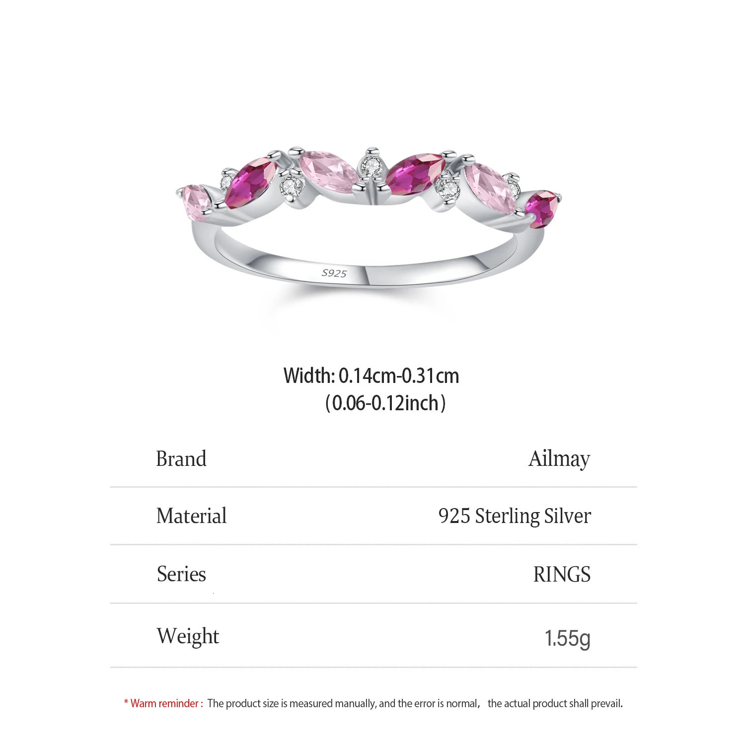 Ailmay Cute 925 Sterling Silver Pink Ruby Zircon Ring Wedding Jewelry Promise Engagement Rings For Women 260107