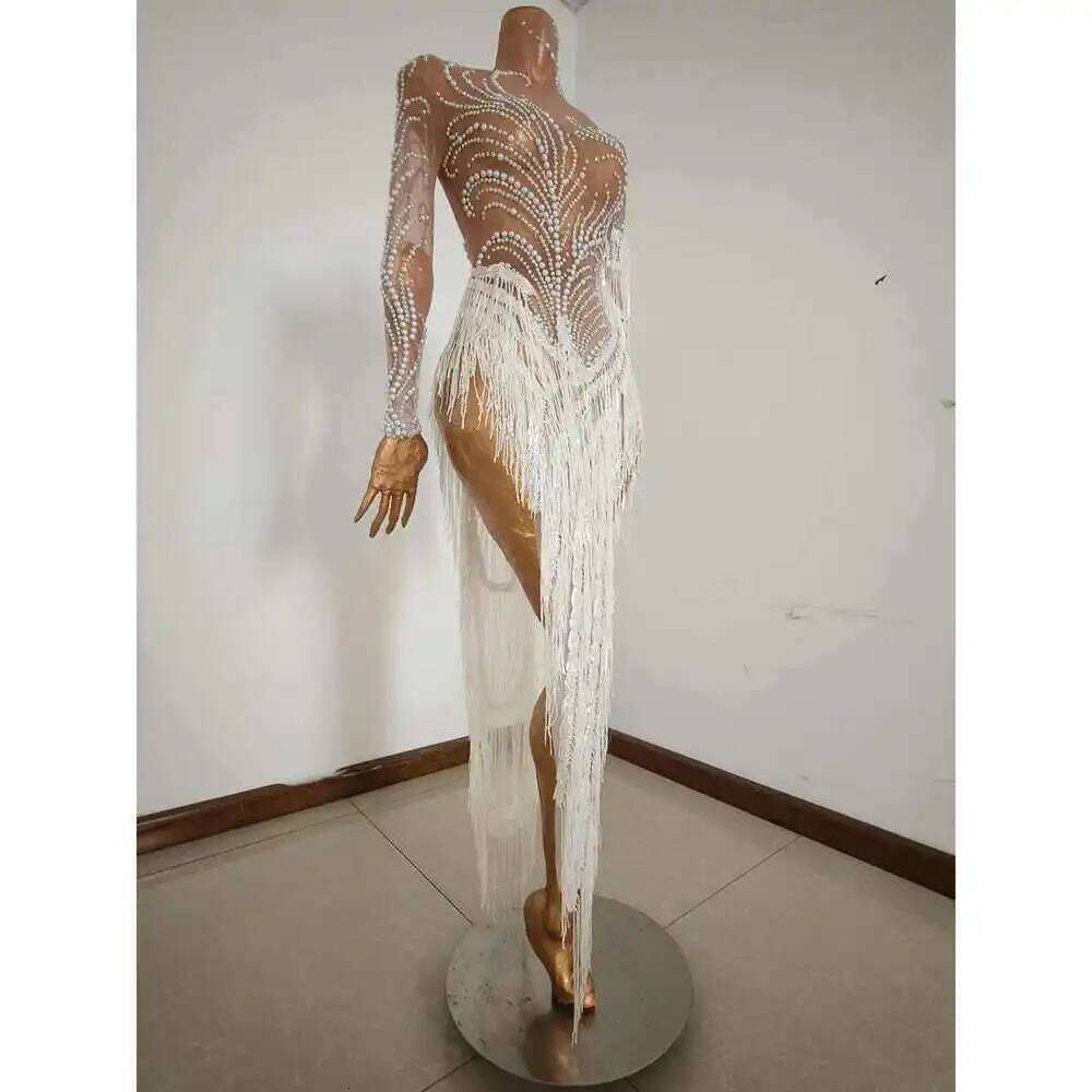 Sparkly Rhinestones Sequins Fringes Birthday Celebrate Evening Dress Women Sexy Mesh Transparent Dance Costume Photo Shoot Wear