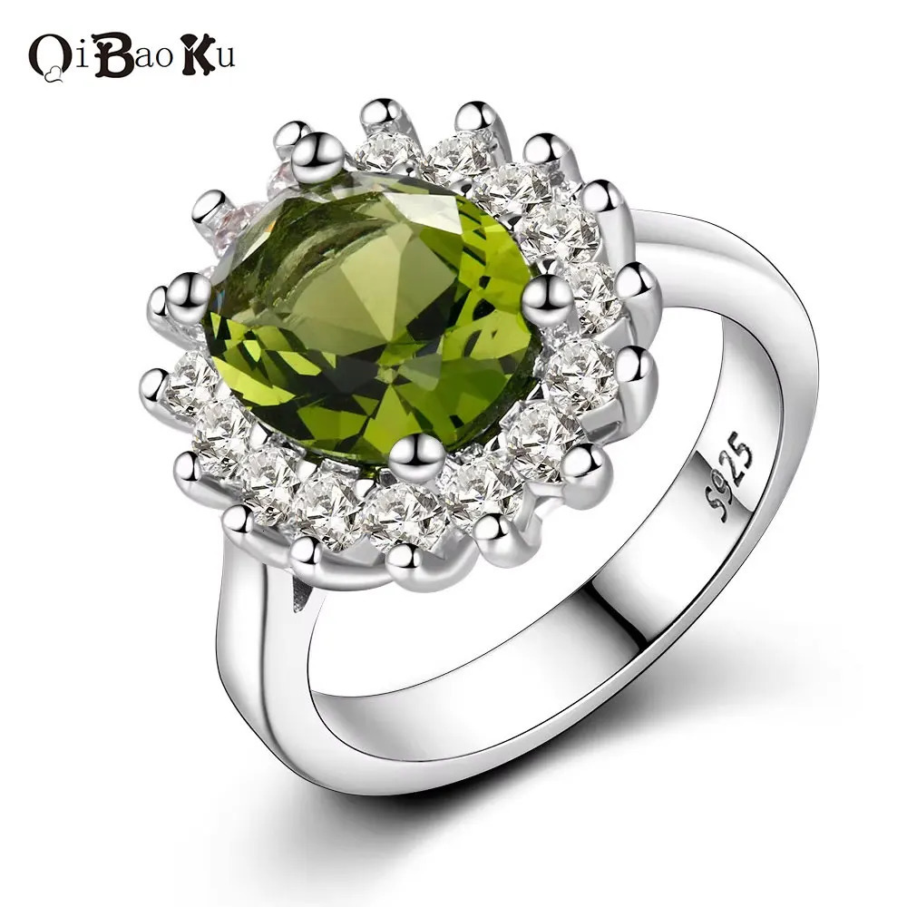 QIBAOKU Retro Silver Ring for Women Flower Rings with Peridot Stones Shining Wedding Engagement Rings Jewelry 260107
