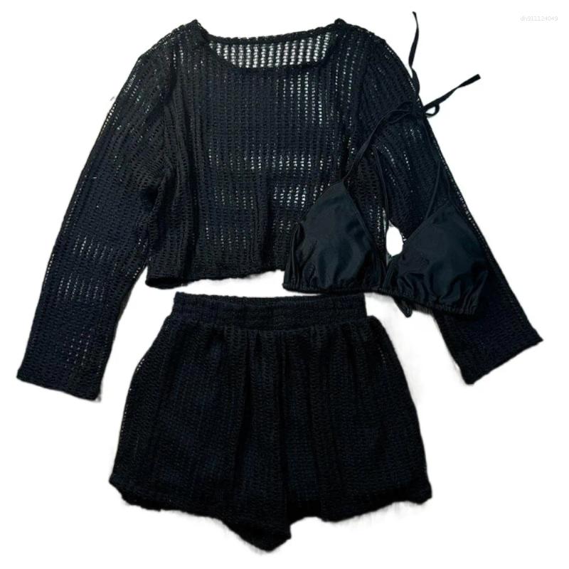 Women's Swimwear Loose Long Sleeve Swimsuit Hollow Out Pullover Crochet Knit Bathing Suit Beachwear Clothings Sun Protection