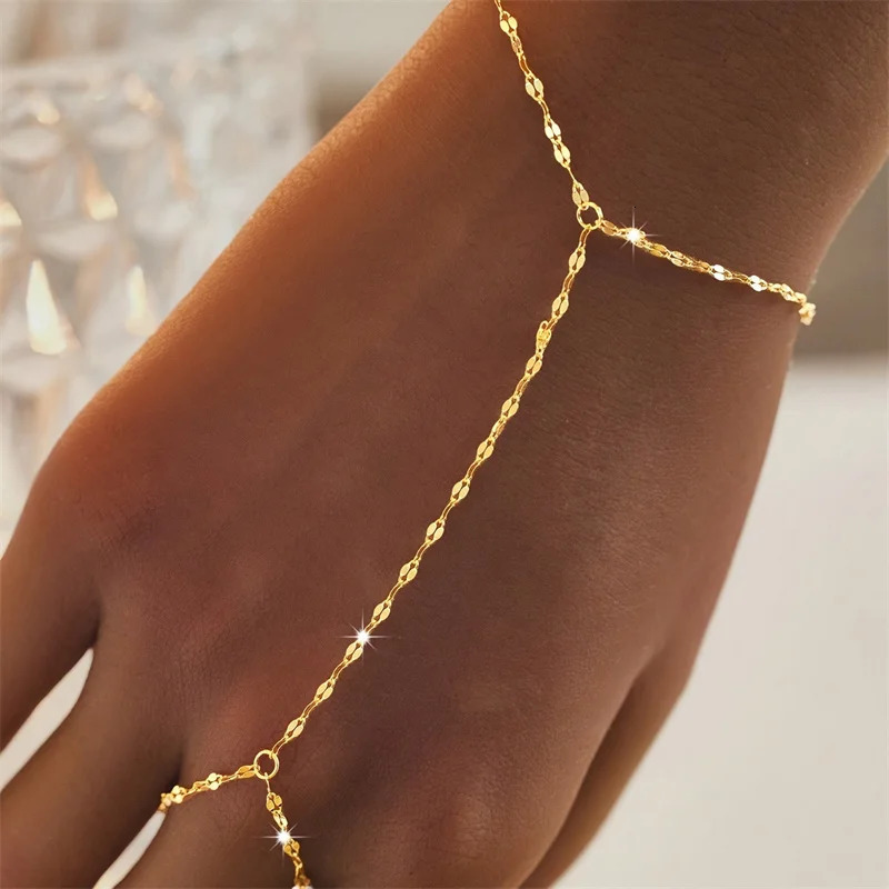 Gold Color Thin Link Chain Bracelet Connected Finger Ring Bangle Bracelets for Women Minimalist Metal Hand Chain Party Jewelry 260109