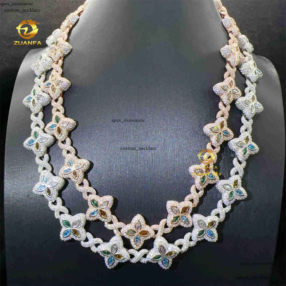 New Luxury Man Rapper Style Jewelry Iced Out Hip Hop VVS1 Fancy Moissanite Diamond Four Flowers Infinity Miami Cuban Link 69