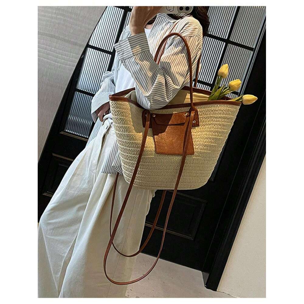 Women's Natural Tote Bag With Details - Adult Women, -Friendly Straw + Brown Leather = Boho-Chic Style; Spacious Interior Fits Beach Essentials; 