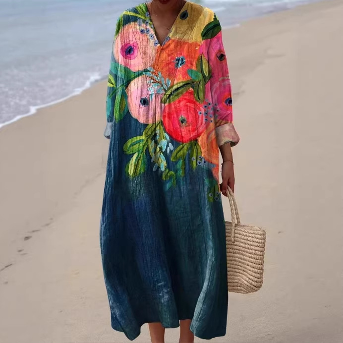 KO43090 Cross-border Eurasia Amazon New Long-sleeved Dress Plus Size V-neck Pocket Casual