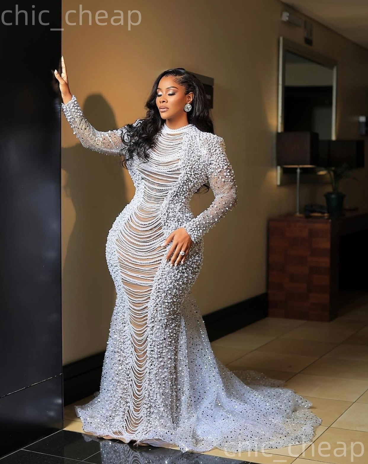 Aso Ebi Ivory Mermaid Prom Dresses 2026 Pearls Crystals Illusion Sequined Evening Formal Party Second Birthday Engagement Gowns Dress For Special Occa