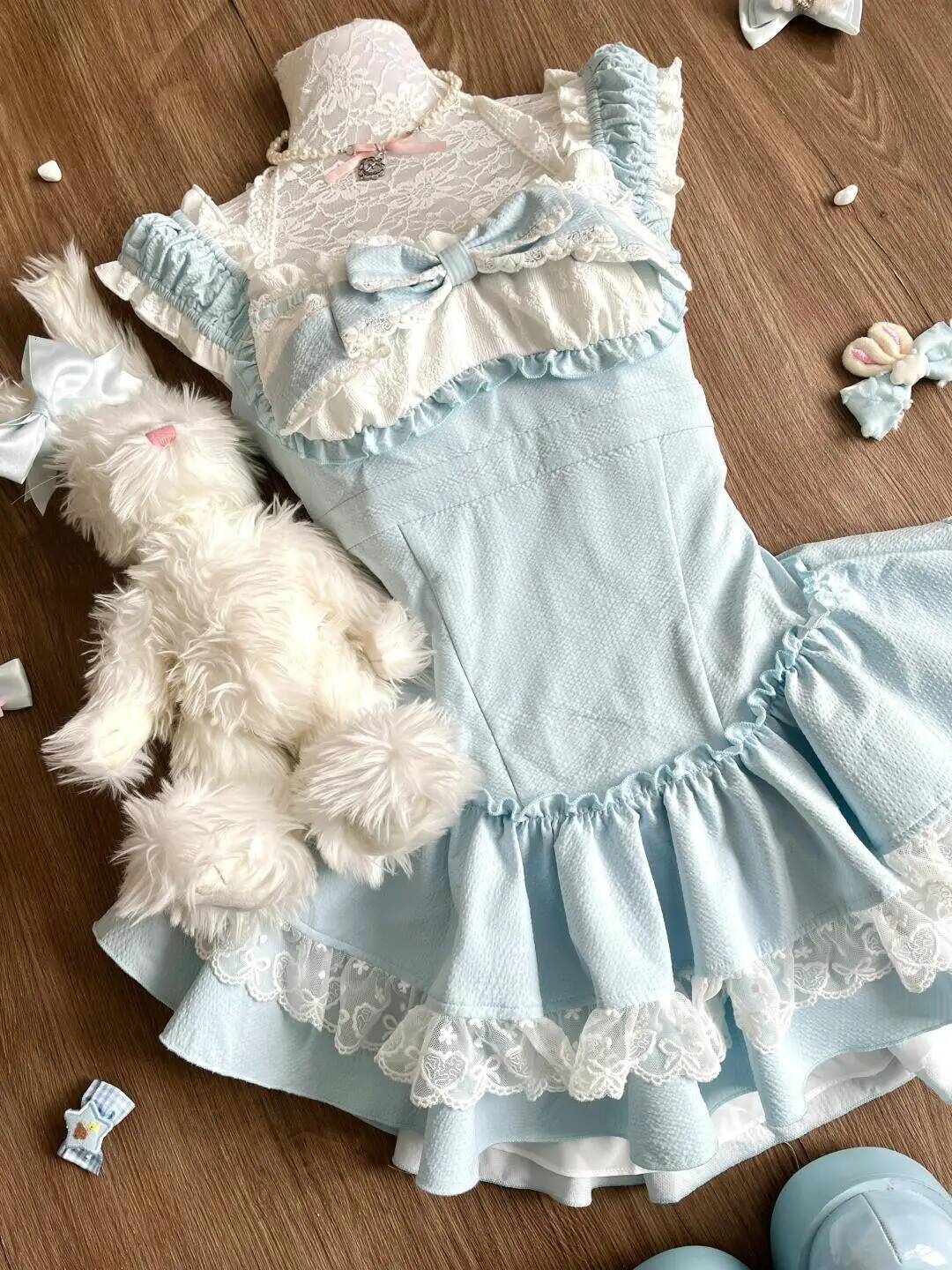 Bestseller Sweet Blue Lolita Women Lace Ruffle Bowknot Sleeveless Kawaii Princess Style Mini Dress Cute Cottagecore Summer Outfit New ddmytues