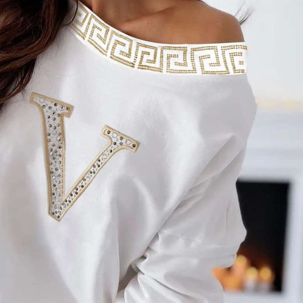 Casual Top Rhinestone Designer Fashion Letter V Pattern Batwing Sleeves Loose Women Blouse Tops - view 8