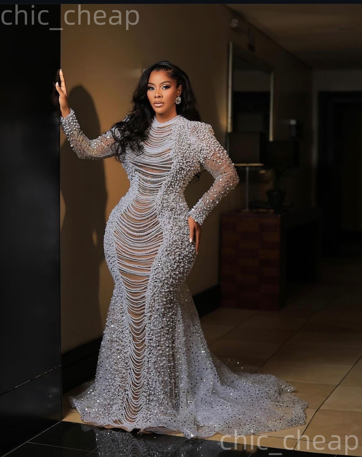 Aso Ebi Ivory Mermaid Prom Dresses 2026 Pearls Crystals Illusion Sequined Evening Formal Party Second Birthday Engagement Gowns Dress For Special Occa