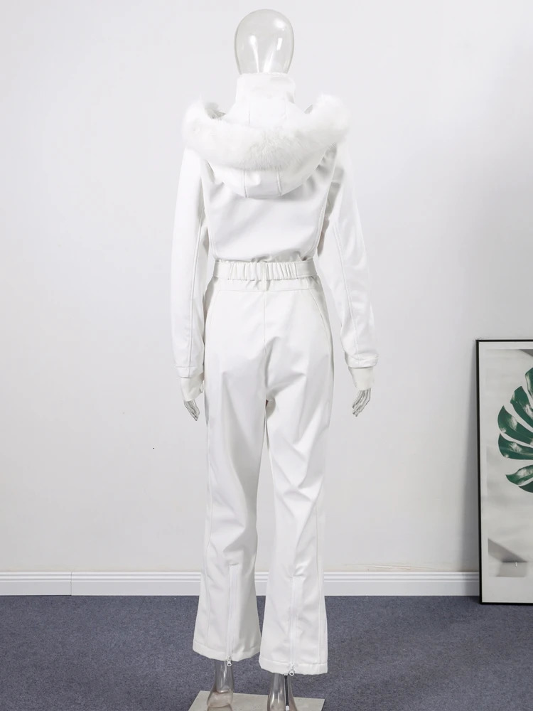Womens Chic White Hooded Ski Jumpsuit with Waist Belt Warm Snowproof OnePiece Snow Wear Winter Sports Fashion Lady Snowsuit 260109