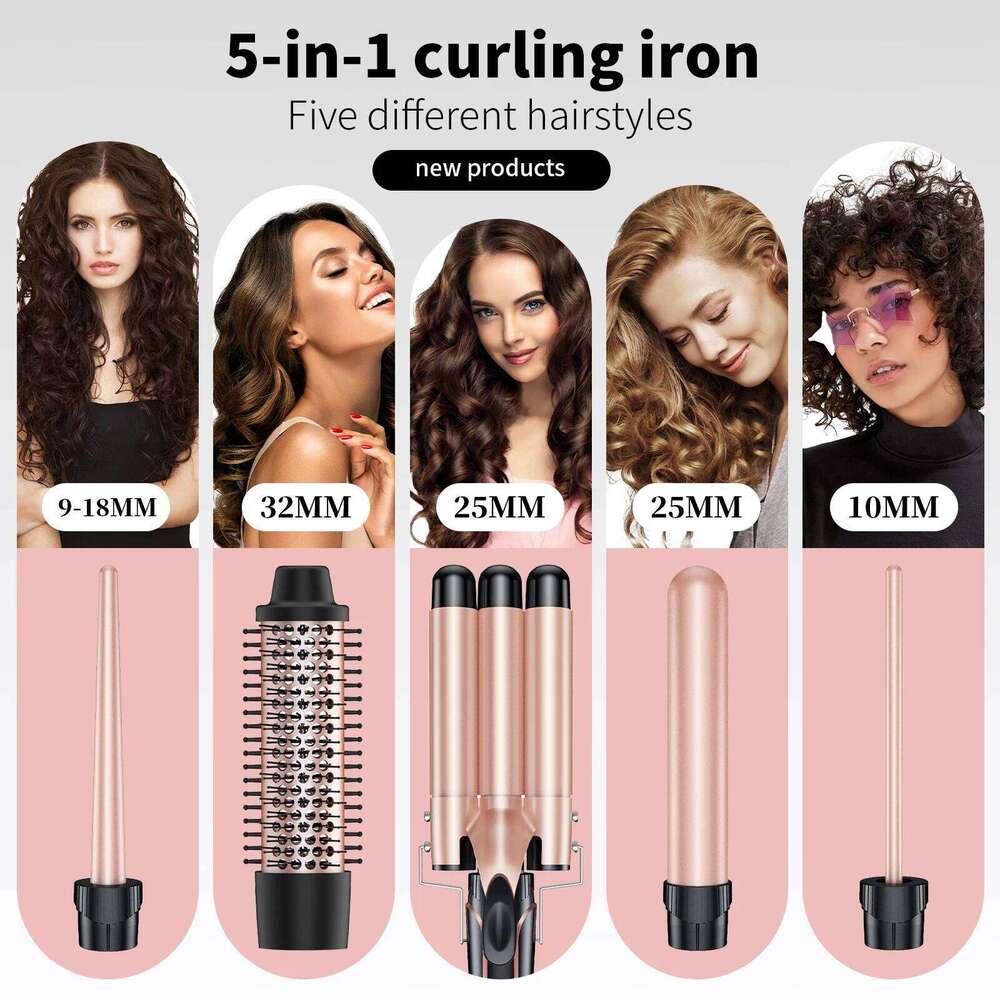 5 in 1 Curlers Set with Curling Brush, 0.35-1.25 Curler Wand for Hairstyle Heat Resistant Gloves and Hair Clip H260110
