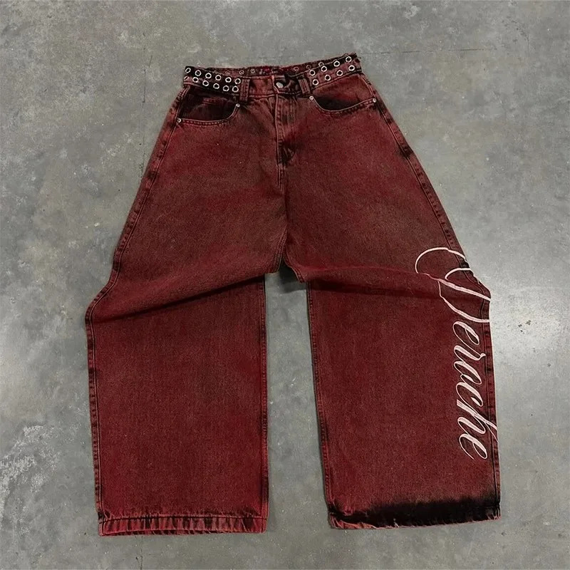Y2K Baggy Jeans washed Red Vintage Letter Print Rivet Waist Belt n High Waist Wide Leg Jeans Goth Sense Trousers streetwear 260109