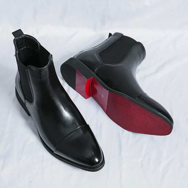 Mens Boots Business Ankle Boots Red Pointed Toe Dress Boots British High Top Leather Shoes Slip-On Casual Men Chelsea Boot Z251218