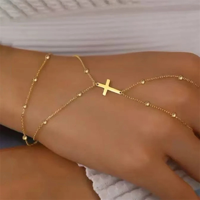 Gold Color Thin Link Chain Bracelet Connected Finger Ring Bangle Bracelets for Women Minimalist Metal Hand Chain Party Jewelry 260109