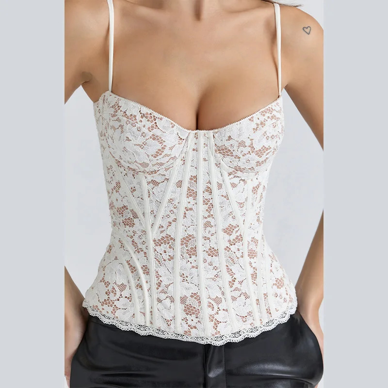 Sexy Lace Corset Women Spaghetti Strap Side Zipper Fishbone Bodycon Tops Back Adjustable Lace-up Tanks Lady Corsets 260109